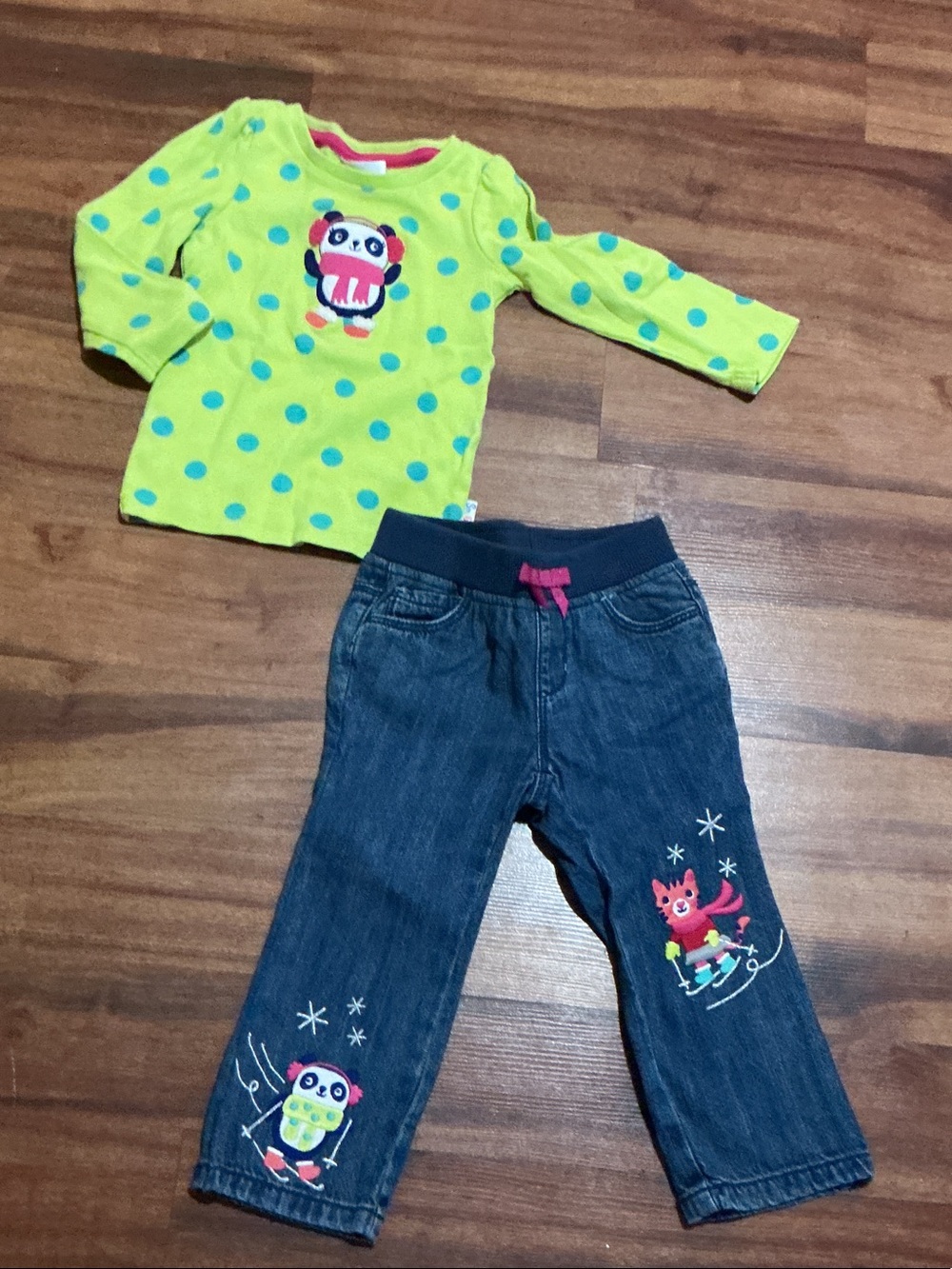 Gymboree Girls Lime Polka Dot Top & Denim Snow Animal Pants Set 18 24 months